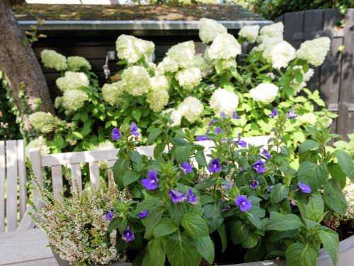un jardin avec des fleurs blanches et violettes dans une clôture dans l'établissement Alluring Apartment in Bergen with Terrace, Garden and BBQ, à Bergen