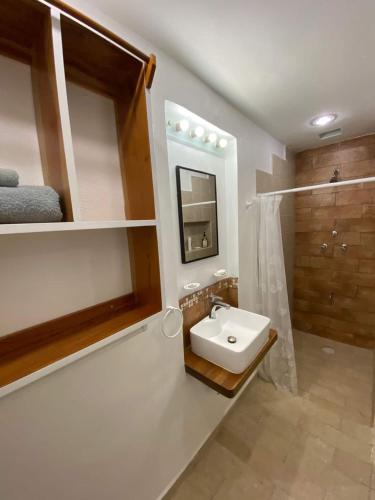 a bathroom with a sink and a shower at Casa Linda in Campeche