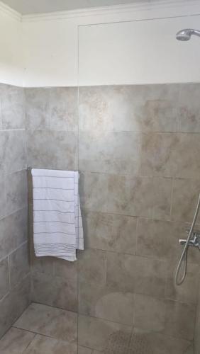 a shower with a glass door and a towel at Pasos del Dique in Cortaderas