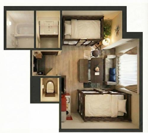 a floor plan of a small apartment with a bedroom at “1ST ROOM” 内装デザイナー監修！30㎡ 最大6名 経堂駅から徒歩5分 築浅 良質な暮らしを in Tokyo