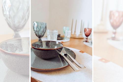two pictures of a table with a bowl and glasses at Niedere Burgstraße - im Herzen der Altstadt in Pirna