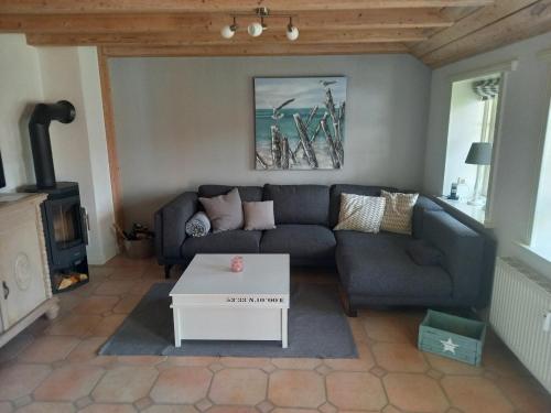 a living room with a couch and a coffee table at Hygge in Boldixum