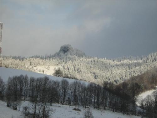 a snow covered hill with trees and a mountain at Pensiunea Casa Motilor in Bucium
