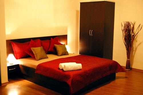 バンスコにあるStudio Apt 723 Bansko Royal Towersのベッドルーム1室(大型ベッド1台、赤い枕付)