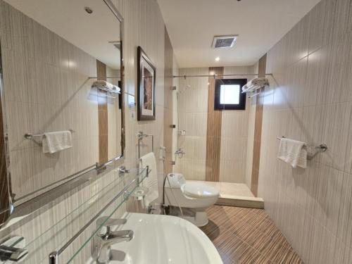 a bathroom with a sink and a toilet and a mirror at سدو بوتيك الخبر in Al Khobar