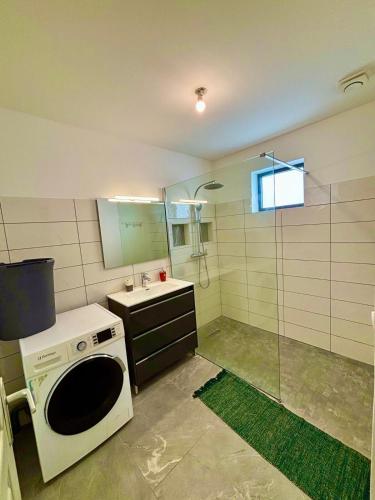 a bathroom with a sink and a washing machine at LA RDC Villa 3 ch jacuzzi Saint-Pierre in Saint-Pierre