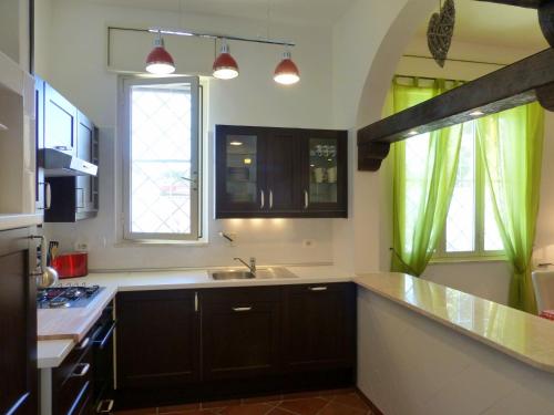 - une cuisine avec des armoires noires et un évier, ainsi que 2 fenêtres dans l'établissement Villa Suzannah, à Lendinuso