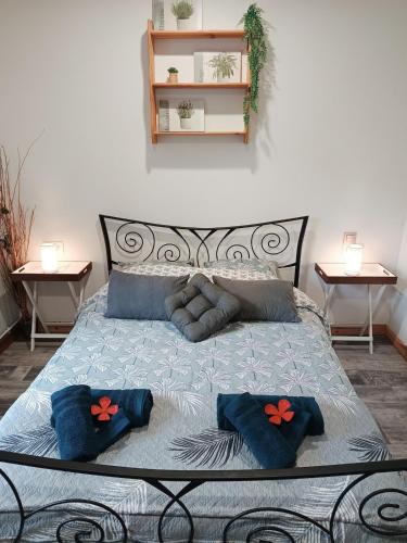 a bedroom with a bed with blue pillows on it at Cap Vosges 3 étoiles, Jeux et Balnéo, entre Vosges et Alsace in Plainfaing