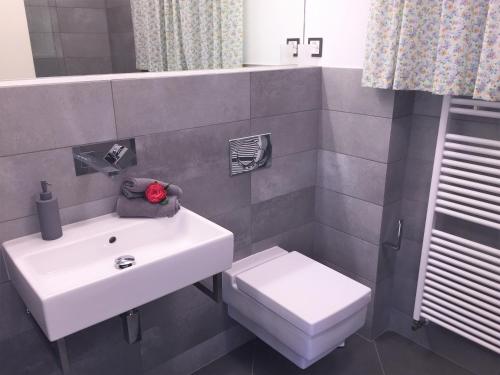 a bathroom with a white sink and a toilet at La Civetta by Fewotessin in Brissago