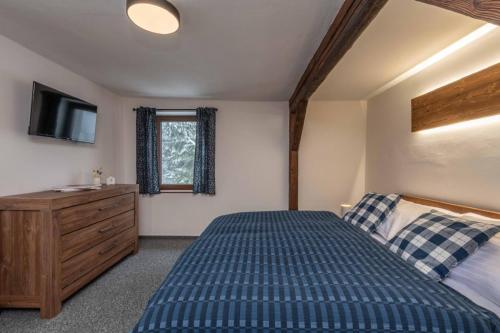 a bedroom with a bed and a tv and a dresser at Štepánka - Chalet & SPA in Benecko