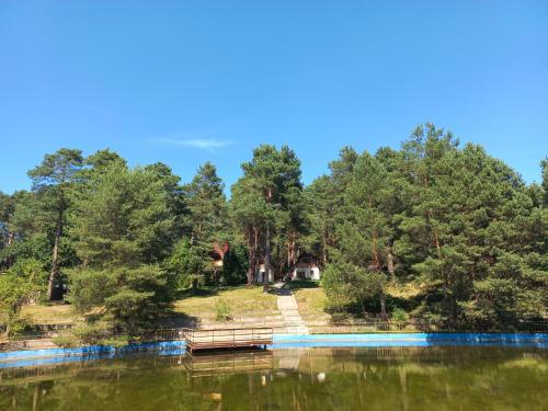 een uitzicht op een meer met een huis op de achtergrond bij Bocianie Gniazdo in Bocheniec