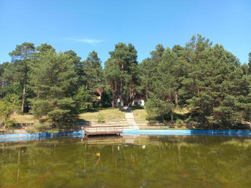 een uitzicht op een meer met een huis op de achtergrond bij Żuraw in Bocheniec