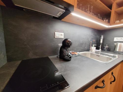 een keukenblad met een persoon in een gasmasker erop bij Chalets Jasná Centrum APARTMENT M - Free Jacuzzi & Sauna and Chopok view in Demanovska Dolina