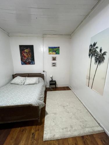 a bedroom with a bed and a rug at Casa Mirador Pichilemu in Pichilemu