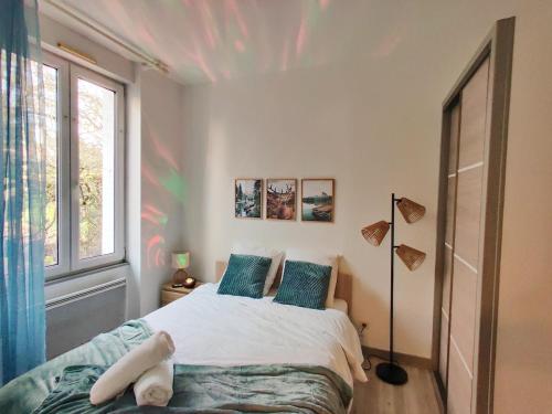 een slaapkamer met een bed en een raam bij La lueur boréale in Belfort