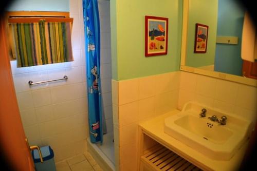 a bathroom with a sink and a shower at Mirabel #2, Maisonette, terrace and pool access in Grospierres