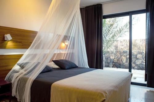 a bedroom with a bed with a mosquito net at Casa Mila with heated pool in El Roque in El Cotillo