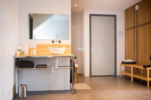 een badkamer met een wastafel en een spiegel bij Landelijk appartement Friesland in Harich