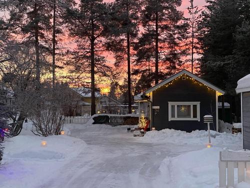 een huis met kerstverlichting in de sneeuw bij Villa Milla in Rovaniemi