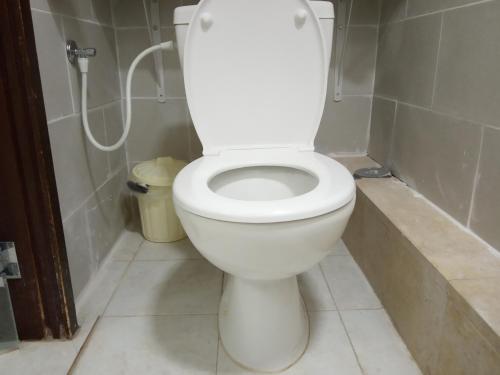 e bagno con doccia e servizi igienici bianchi. di Arbel Guest House Shavit Family ad Arbel