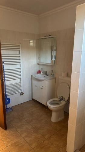 a bathroom with a toilet and a sink at Hetes7 Villa Negra in Hetes
