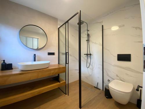 un bagno con lavandino e specchio di Casuta Fulgu - Apartament 2 Dormitoare a Borşa