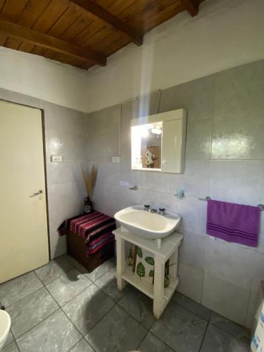a white bathroom with a sink and a mirror at Evergreen in Mar del Plata
