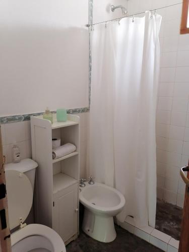 un bagno con un water e una tenda da doccia di Casita Santa Elena 1 a Trapiche