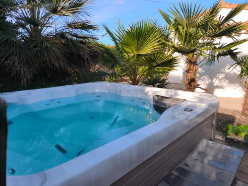 einen Whirlpool im Hinterhof mit Palmen in der Unterkunft Maison 3 chambres avec Jacuzzi à 400m des plages in La Plaine-sur-Mer