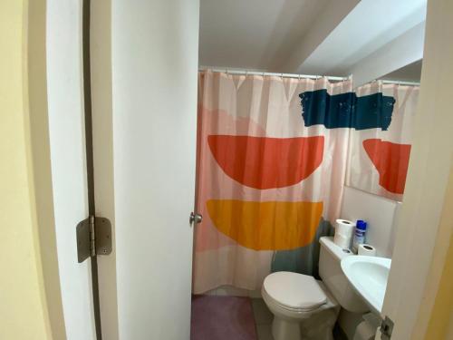 een badkamer met toilet en douchegordijn bij Viña Oriente in Viña del Mar