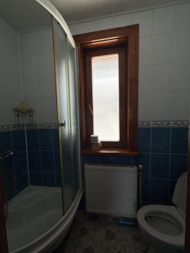 een badkamer met een bad, een toilet en een raam bij Sadyba Zavitaiko in Jaremtsje