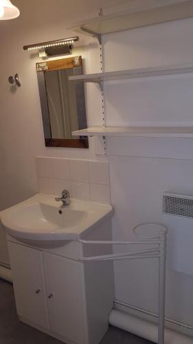 a bathroom with a sink and a mirror at LA Chataigne in Santranges