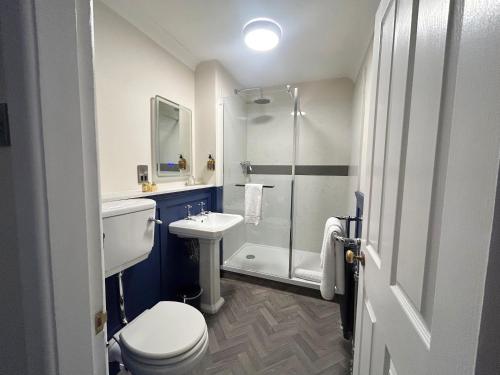 a bathroom with a toilet sink and a shower at Community Owned Gwesty Owain Glyndwr Hotel in Corwen