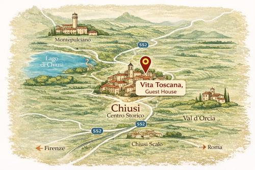 a map of wir tongchan guest house and chinese centre suburb at Vita Toscana Guest House in Chiusi