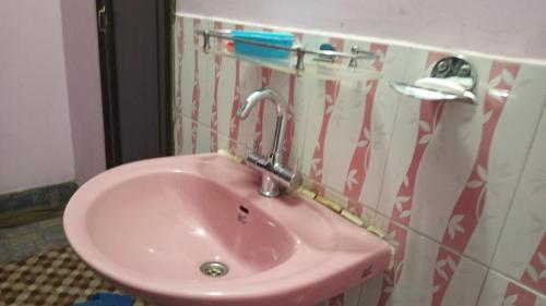 PokharaAnnapurna Himdrishya Pokhara的浴室里一个粉红色的带水龙头的洗手池