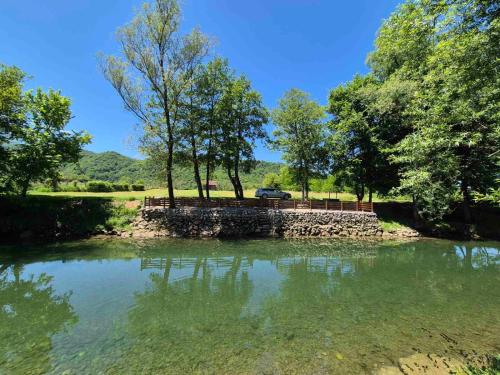 Een auto staat geparkeerd naast een vijver met bomen. bij Vikendica Djokanovic in Bratunac