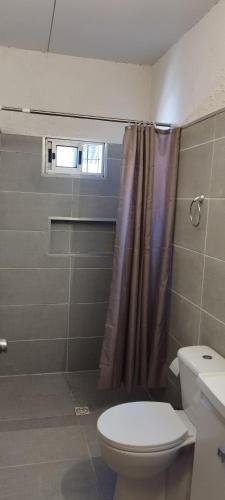 a bathroom with a toilet and a shower at Terrazas al Sol 03 in Playa Hermosa