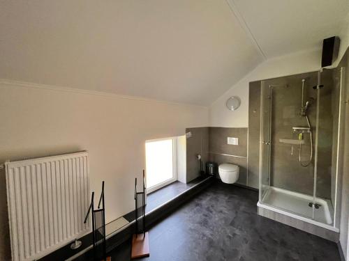 a bathroom with a shower and a toilet and a window at Seeidyll Potzlower See in Potzlow