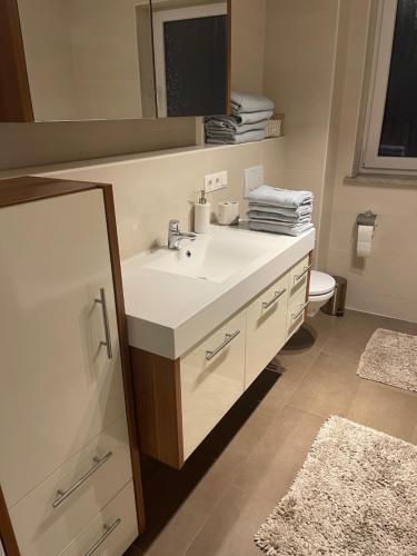 Et badeværelse på Helle großzügige ruhige Dreizimmerwohnung in Altstadtnähe mit Tiefgaragenstellplatz