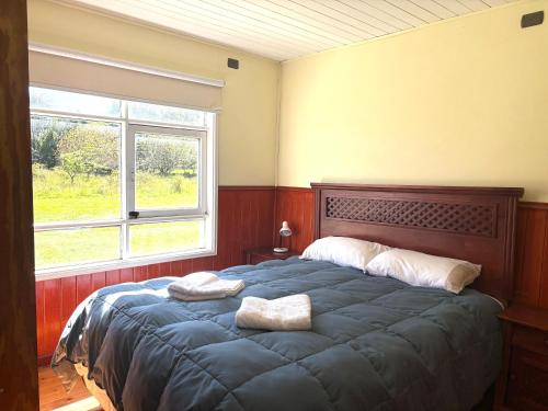 een slaapkamer met een groot blauw bed en een raam bij Departamento tranquilo y equipado en parcela privada, cerca de comercios in Puerto Montt