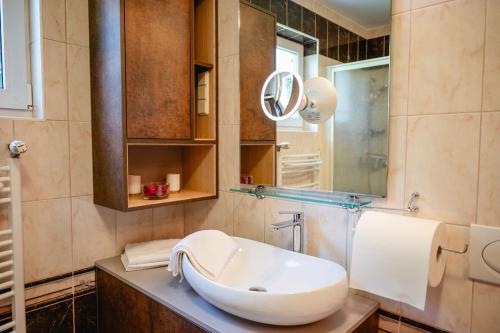 a bathroom with a sink and a mirror at Private Pool Villa with Garden & Nature by Destination GREEN Croatia in Pregrada