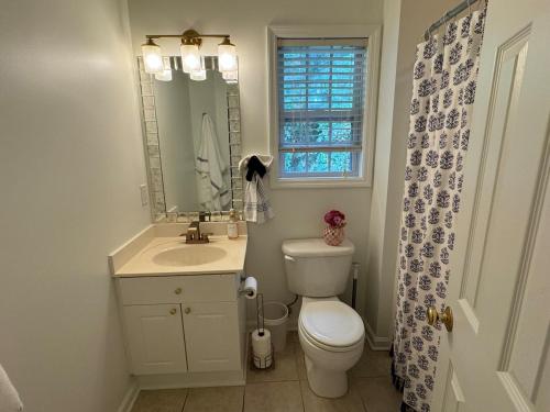 a bathroom with a toilet and a sink and a mirror at Lovely 2BR 3BA Condo in Auburn