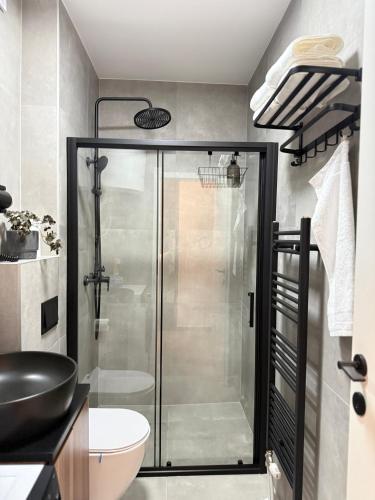 a bathroom with a shower and a toilet and a sink at CENTRAL SQUARE Tuzla in Tuzla