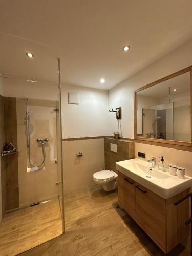 un bagno con doccia, lavandino e WC di Haus Steinplatte a Waidring