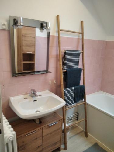 a bathroom with a sink and a mirror and a tub at L'escale Vernonnaise in Vernon