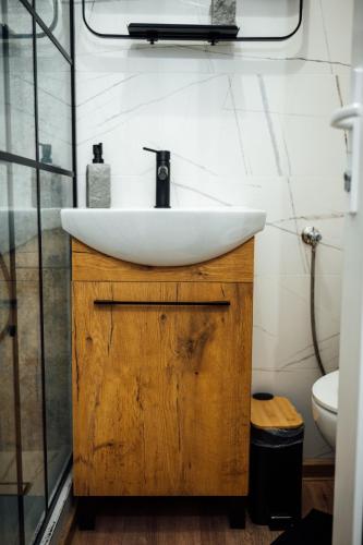 a bathroom with a white sink on a wooden vanity at Urban Escape Studio in Ploieşti
