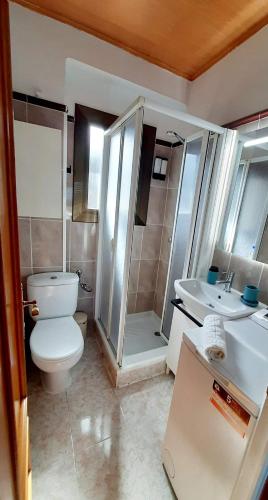 a bathroom with a toilet and a shower and a sink at Anchoveta in Calonge