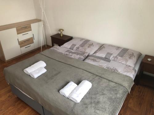 een slaapkamer met een bed met twee handdoeken erop bij Penzion Apollón in Liberec