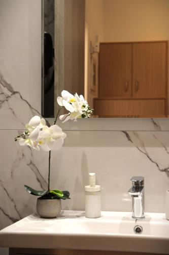 a bathroom sink with a vase of flowers on it at Anel Rooms in Himare