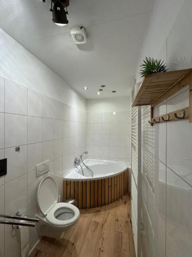 a bathroom with a toilet and a bath tub at DoubleRoom in shared apartment 2nd floor in Linz am Rhein